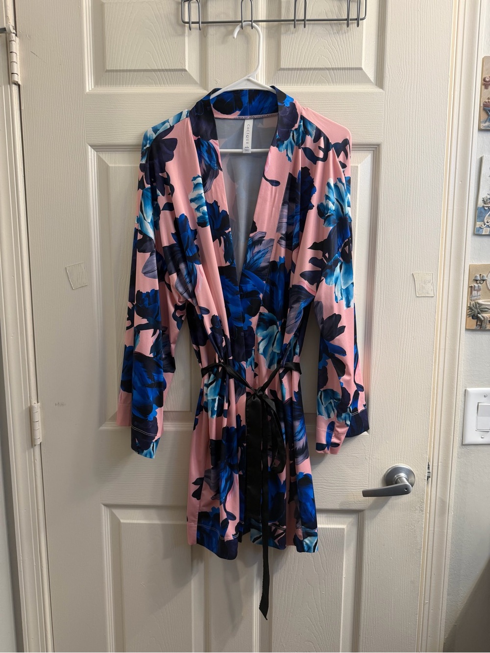 Cacique Pink Satin Robe with Blue Floral Print